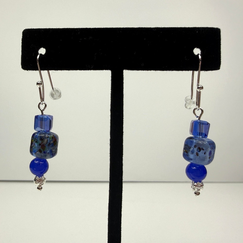 Floral Blue Glass Beaded Dangle Drop Earrings Silver Plated Accent Beads Jewelry
